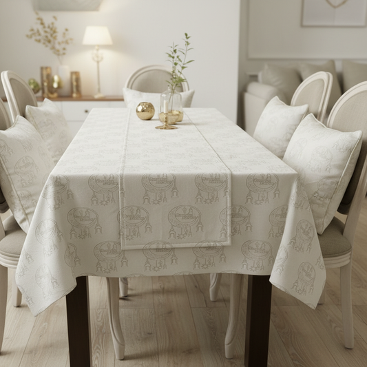 Ramadan Vibes 4-Piece Table Set, Premium Chenille, Tablecloth, Runner & 2 Cushion Covers