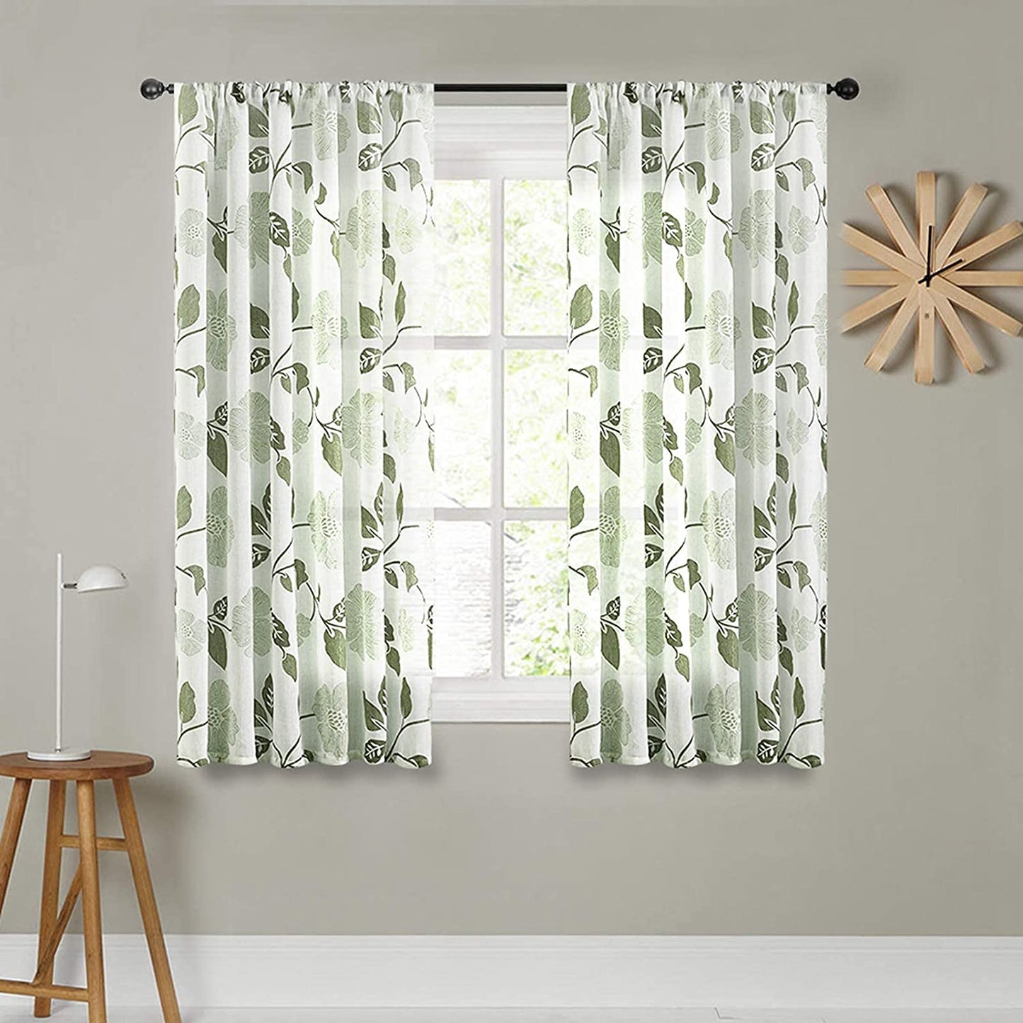 Linen Floral Semi Transparent Curtain - Rod Pocket