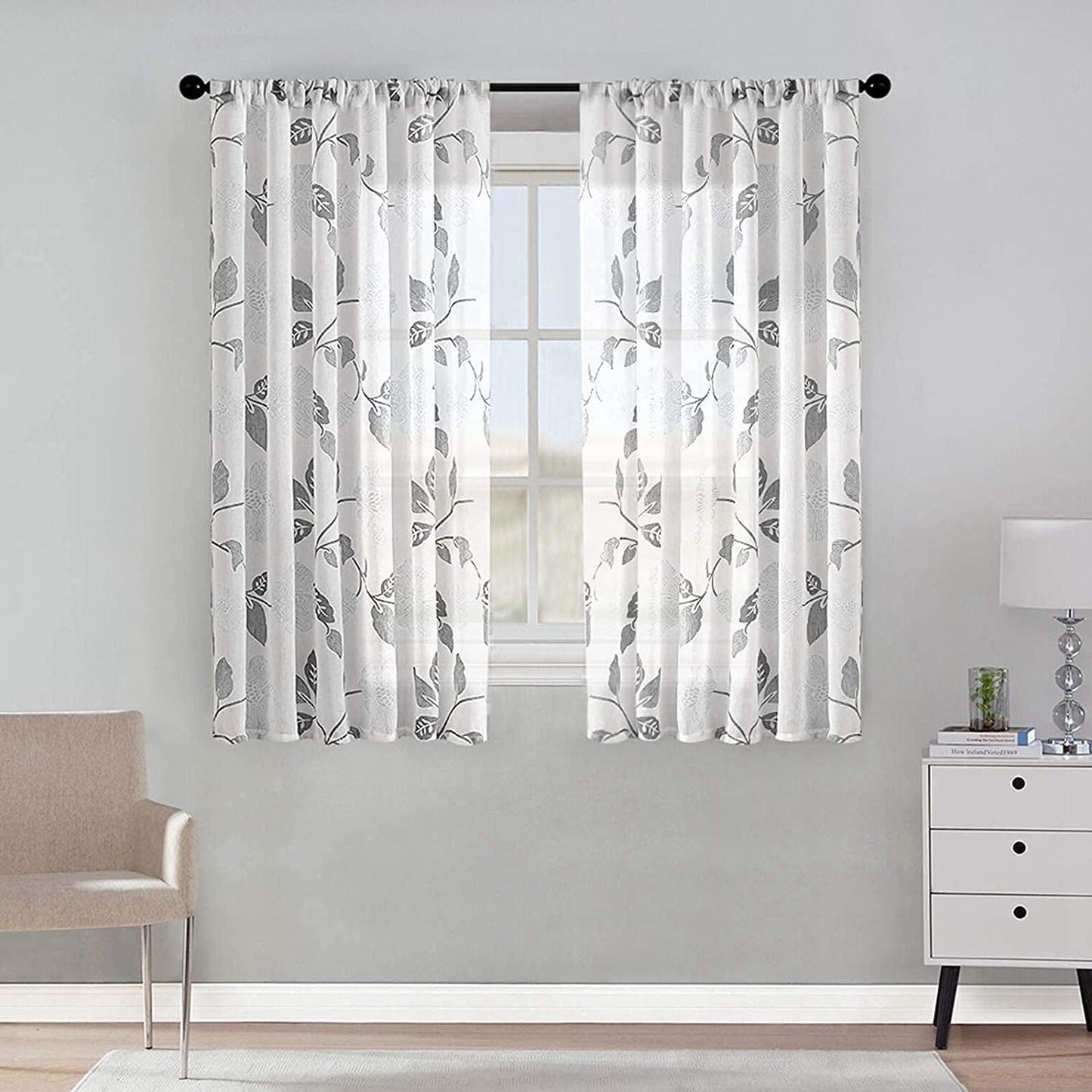 Linen Floral Semi Transparent Curtain - Rod Pocket